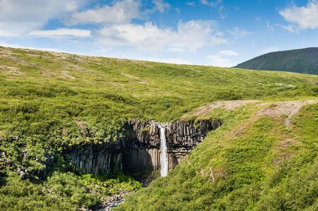 Beautiful waterfall Svartifoss in Skaftafell national park, south coast of Icelandの写真素材