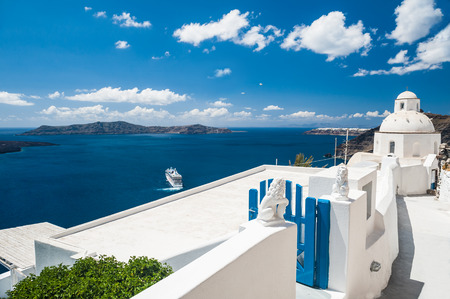 White architecture on Santorini island, Greece.  Beautiful landscape with sea viewの写真素材