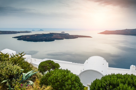 Beautiful sunset on Santorini island, Greece. Landscape with sea viewの写真素材