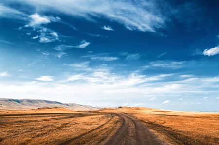 Road In the field and blue sky. Beautiful summer landscapeの写真素材