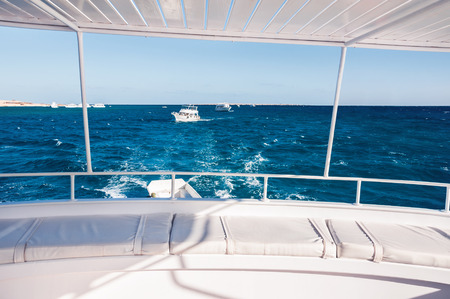 White yacht in the red sea. Beautiful summer seascape.