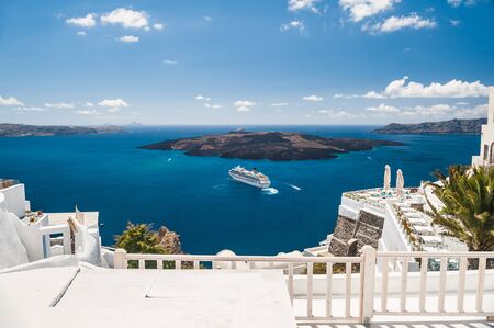 White architecture on Santorini island, Greece. Beautiful landscape with sea viewの写真素材