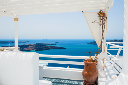 White architecture on Santorini island, Greece. Beautiful landscape with sea viewの写真素材