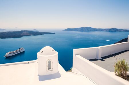 White architecture on Santorini island, Greece. Beautiful view on the seaの写真素材