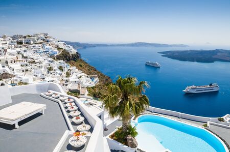 White architecture on Santorini island, Greece. Beautiful view on the seaのeditorial素材