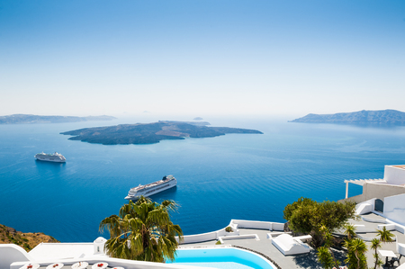 White architecture on Santorini island, Greece. Beautiful view on the seaの写真素材