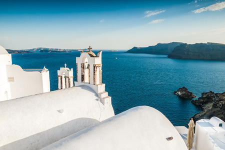 Beautiful Santorini island, Greece. View of the sea and the Islandsの写真素材