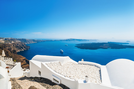 Luxury hotel with sea view. White architecture on Santorini island, Greece. Beautiful summer landscapeのeditorial素材