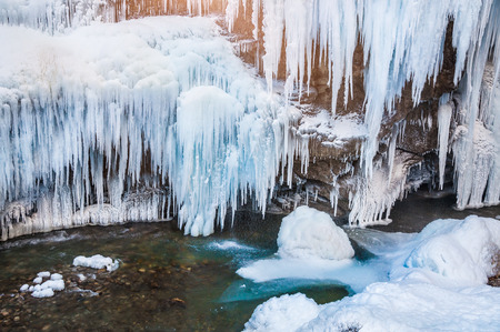 Frozen waterfall. Beautiful winter landscapeの写真素材