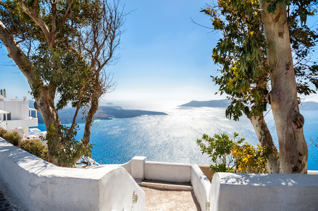 White architecture on Santorini island, Greece.  Beautiful landscape with sea viewの写真素材