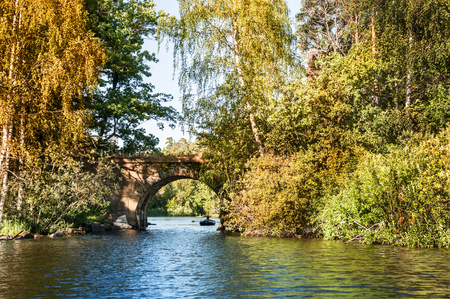 Islands on the lake and the old bridge.Beautiful summer landscapeの写真素材