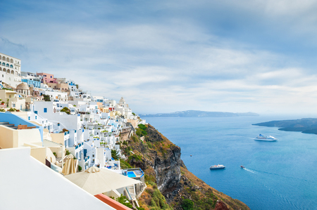 White architecture on Santorini island, Greece. Beautiful landscape with sea viewの写真素材