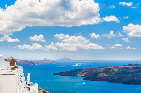 White architecture on Santorini island, Greece. Beautiful landscape with sea viewの写真素材
