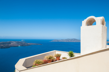 Beautiful view of the sea and islands. Blue sky and blue sea. Santorini island, Greece.の写真素材