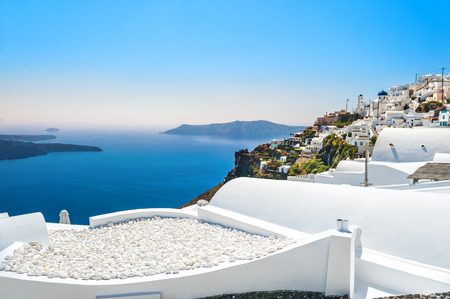 White architecture on Santorini island, Greece. Beautiful landscape with sea viewの写真素材