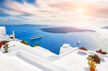 Beautiful sunset on Santorini island, Greece. Magnificent landscape with sea view