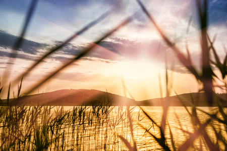 Fantastic vivid sunset on the lake. Beautiful summer landscape. Vintage effectの写真素材