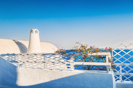 White architecture on Santorini island, Greece. Beautiful landscape with sea viewの写真素材