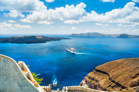Beautiful view of the sea and islands. Blue sky and blue sea. Santorini island, Greece.の写真素材