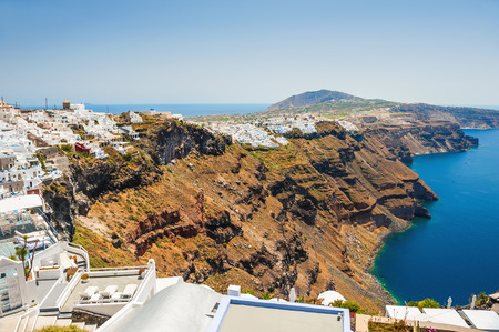 Panoramic view of Santorini island, Greece.  Beautiful landscape with sea viewの写真素材