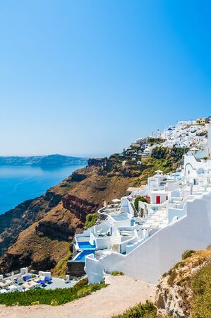 White architecture on Santorini island, Greece.  Beautiful landscape with sea viewの写真素材
