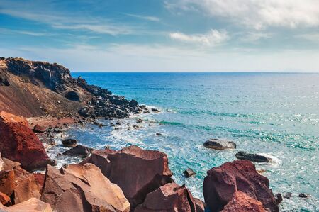 View of the seacoast and the beautiful Red beach. Santorini island, Greece.の写真素材