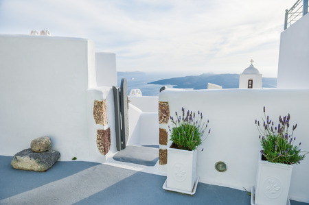 White architecture on Santorini island, Greece.  Beautiful landscape with sea viewの写真素材
