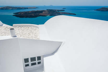 White architecture on Santorini island, Greece.  Beautiful landscape with sea viewの写真素材