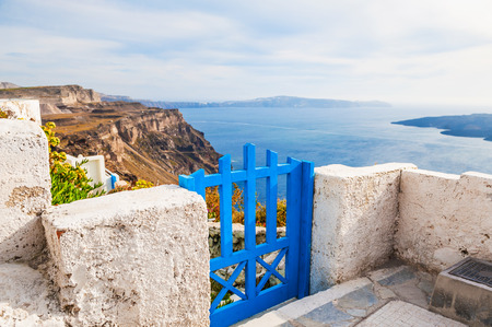 Beautiful landscape with sea view. Santorini island, Greece. Small depth of fieldの写真素材