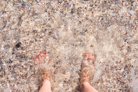 Feet in the sea on a sandy beach. Travel background. Small depth of fieldの写真素材