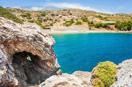 Wild beach with rocks and turquoise water. Agios Pavlos, Crete island, Greece. Beautiful summer landscape with sea viewの写真素材