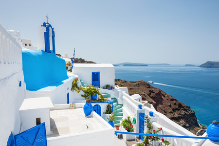 White-blue architecture on Santorini island, Greece. Beautiful landscape with sea viewの写真素材