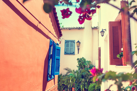 Beautiful street in Athens, Greece. Creative vintage filter, retro effectの写真素材