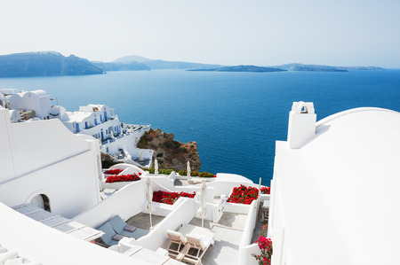 White architecture on Santorini island, Greece. Beautiful landscape with sea viewの写真素材
