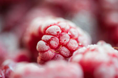 Frozen raspberry berries. Macro image with selective focusの写真素材