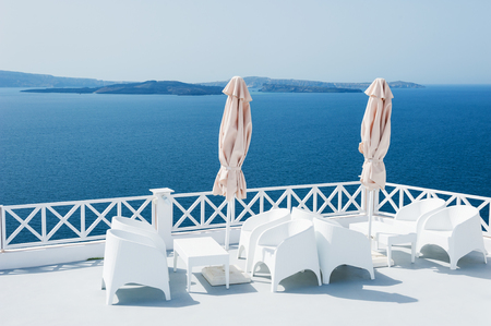 White architecture on Santorini island, Greece. Beautiful landscape with sea viewの写真素材