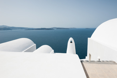 White architecture on Santorini island, Greece. Beautiful landscape with sea viewの写真素材