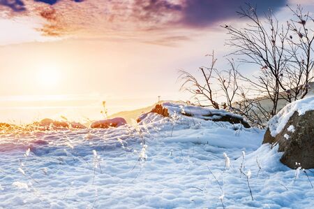 Fantastic sunset in the winter mountains. Beautiful winter landscape.