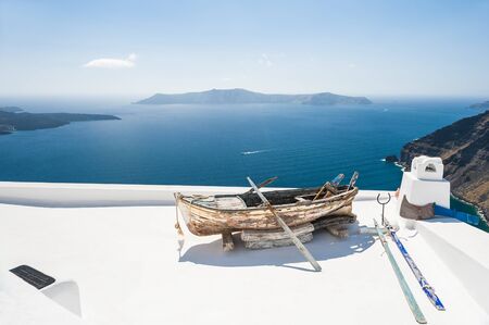 White architecture on Santorini island, Greece. Beautiful landscape with sea view.の写真素材