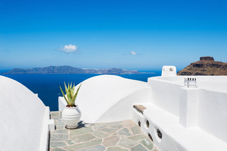 White architecture on Santorini island, Greece. Beautiful landscape with sea view.の写真素材
