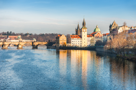 Charles Bridge on Vltava river at morning sunlight. Prague, Czech Republicの写真素材