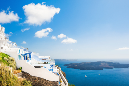 White architecture on Santorini island, Greece. Beautiful landscape with sea viewの写真素材