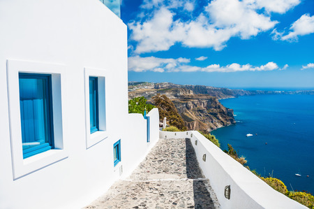 White architecture on Santorini island, Greece. Beautiful landscape with sea viewの写真素材