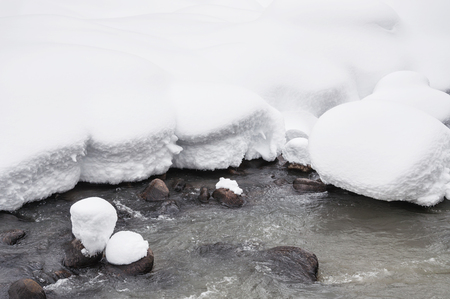 Melting snow on the river in spring.の写真素材