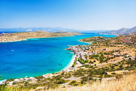 Panoramic view of the sea coast with turquoise water. East coast of Crete island, Greece.の写真素材