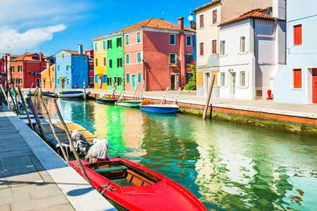 Scenic canal and colorful houses in Burano island near Venice, Italyの写真素材