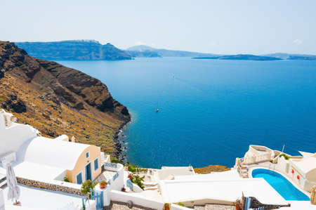 Panoramic view of Santorini island, Greece. Beautiful summer landscape sea view.の写真素材