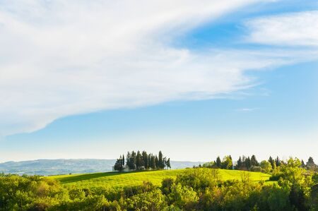 Green fields and blue sky. Beautiful Tuscany landscape, province of Certaldo, Italyの写真素材