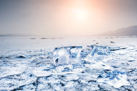 Winter landscape with ice on the lake. Small depth of fieldの写真素材