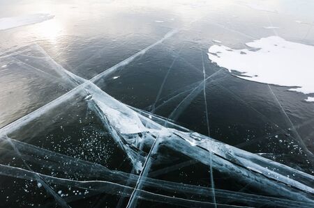 Ice on the lake. Beautiful winter landscapeの写真素材
